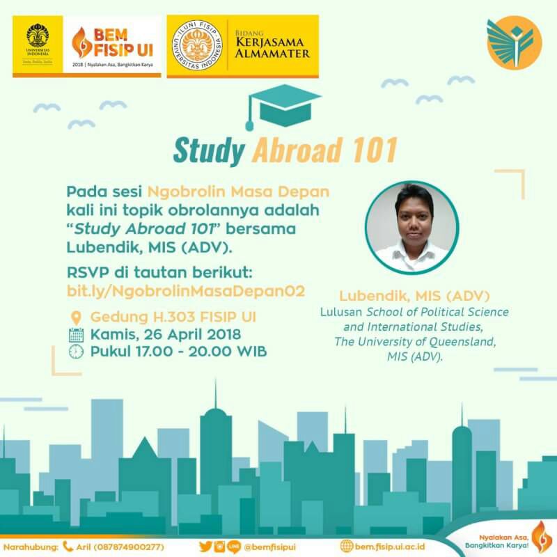 iluni_fisipui's tweet photo. Temans, bagi yang ingin mendapatkan khazanah untuk kuliah di LN, monggo hadir ke acara ini. Jangan ragu, langkahkan kaki setelah jam kuliah teman-teman kelar, terima kasih.
cc : @univ_indonesia @FISIP_UI @hmipui @HMIKUI @HIMAKRIM @hmiksui @hmhiui @SoundOfYogi @Ajeng_MetroTV https://t.co/WzD1icLSeL