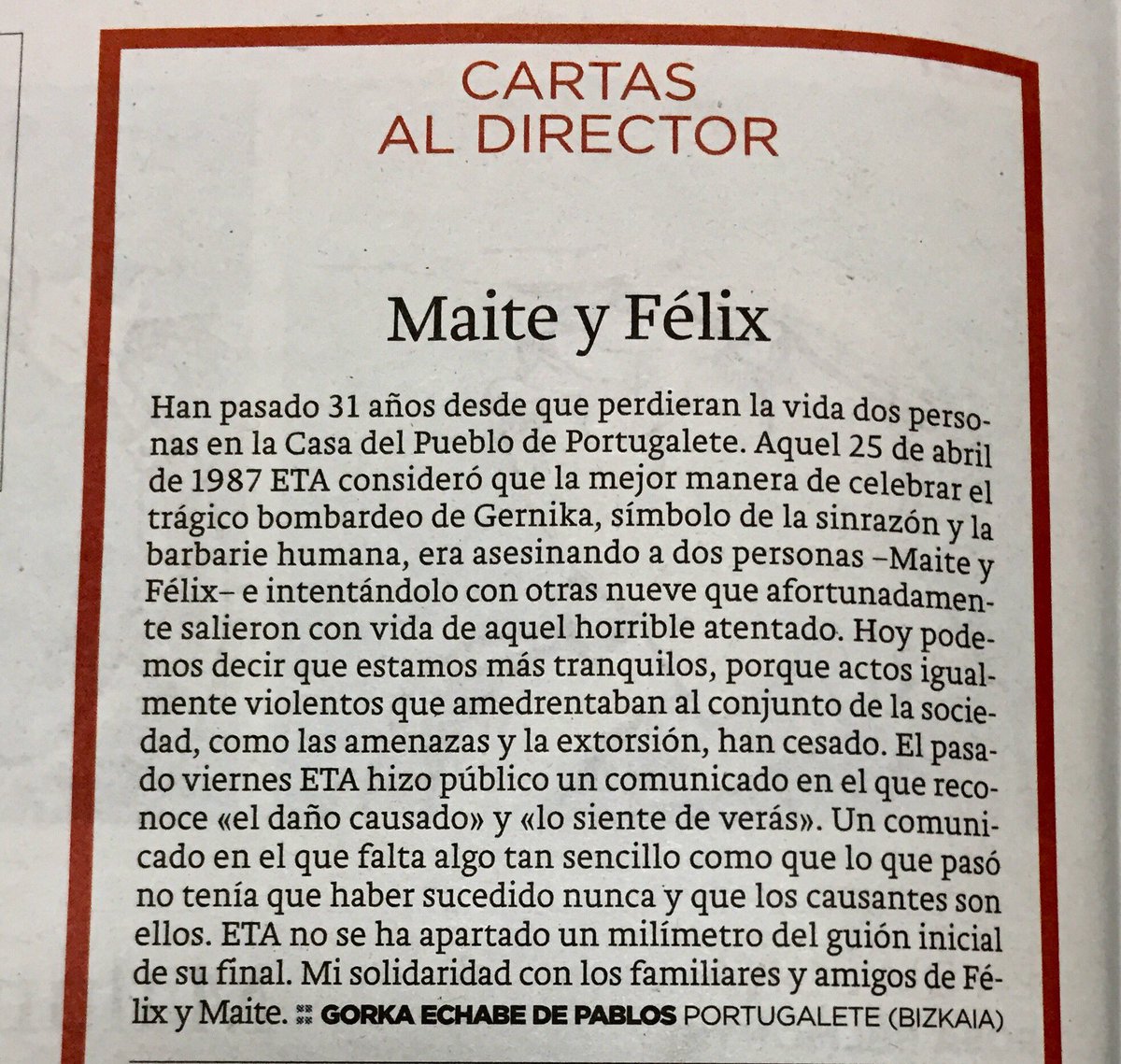 socialistavasco's tweet photo. Todos nuestro cariño y solidaridad con las familias y amigos de #MaiteTorrano y #FelixPeña y nuestros compañeros y compañeras de @PorPortu
31 años han pasado de aquel horrible atentado de ETA en la Casa del Pueblo de Portugalete. https://t.co/etmGhmoEaS