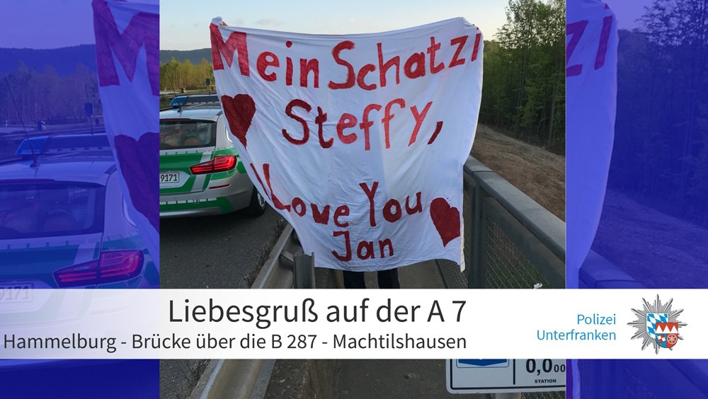 PolizeiUFR's tweet photo. #Liebesgezwitscher an der #A7

Leider mussten wir die Liebesbotschaft ❤ an der Brücke der #A7 über die #B286 bei #Machtilshausen, Landkreis Bad Kissingen, entfernen. 

Wir hoffen, dass die Botschaft auch auf diesem Weg ankommt.

Helft uns mit einem Retweet. https://t.co/YgJHSp0179
