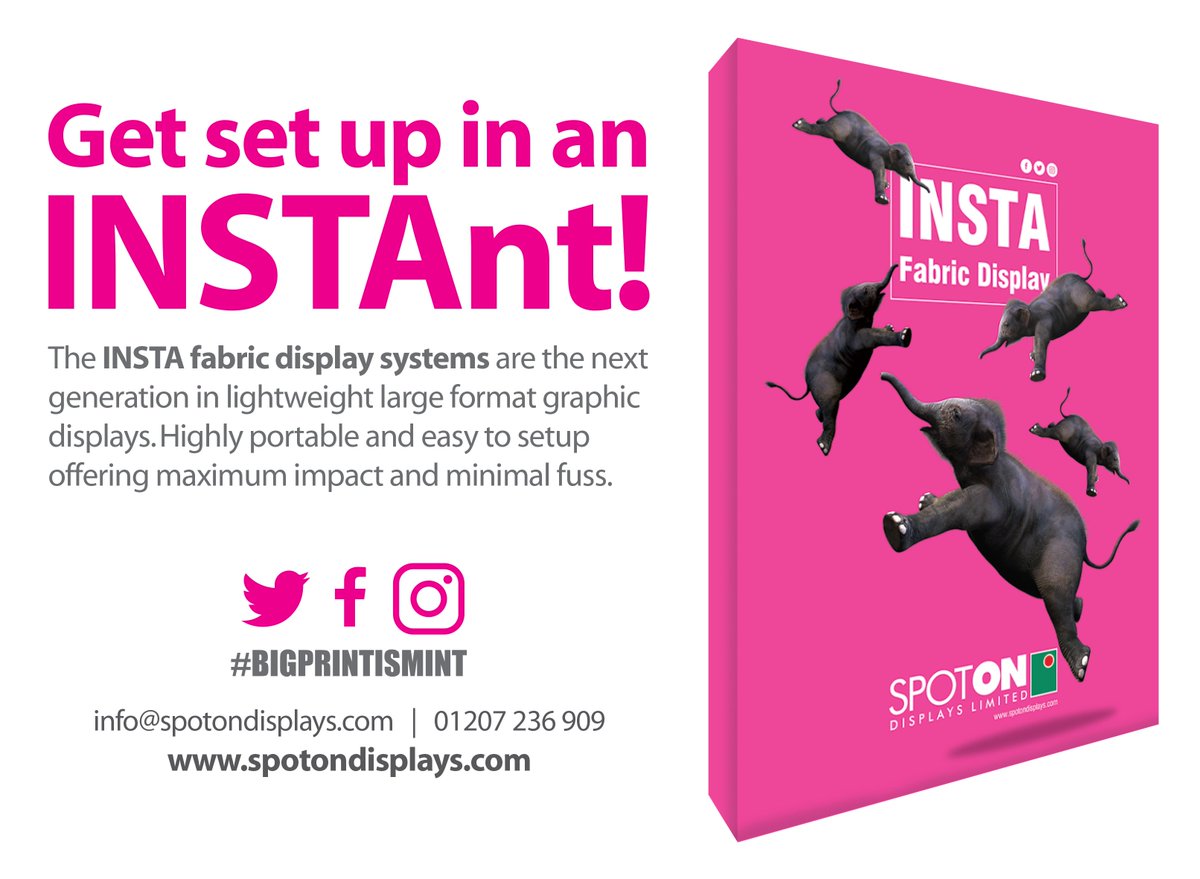 Get set up in an INSTAnt! with an #INSTA #Fabric #display! The next generation in #lightweight #Large #format #graphic #displays  spotondisplays.com  | info@spotondisplays.com | 01207 236 909  #print #PRINTING #printer #standout #largeformatprinting #bigprintismint #insta