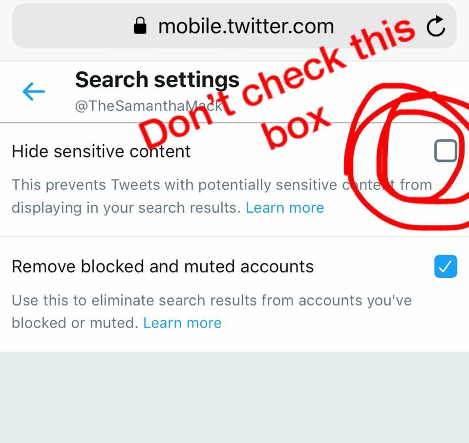TheSamMack's tweet photo. Often when people think they are shadow banned on twitter it is because twitter changes their setting on their behalf after they have posted repeated “sensitive” content.
You cannot remedy this through the app you must open twitter in a browser and then change your settings. https://t.co/Xcsend9Ba4