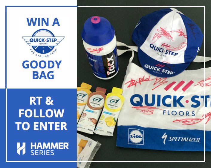 soudalquickstep's tweet photo. Do you feel lucky? Then follow the @HammerSeries account and RT their latest post for a chance to win a Quick-Step Floors bottle, cap and musette, all signed by the Liege-Bastogne-Liege team, as well as some great @6Dnutrition goodies! https://t.co/yzthLCqm27