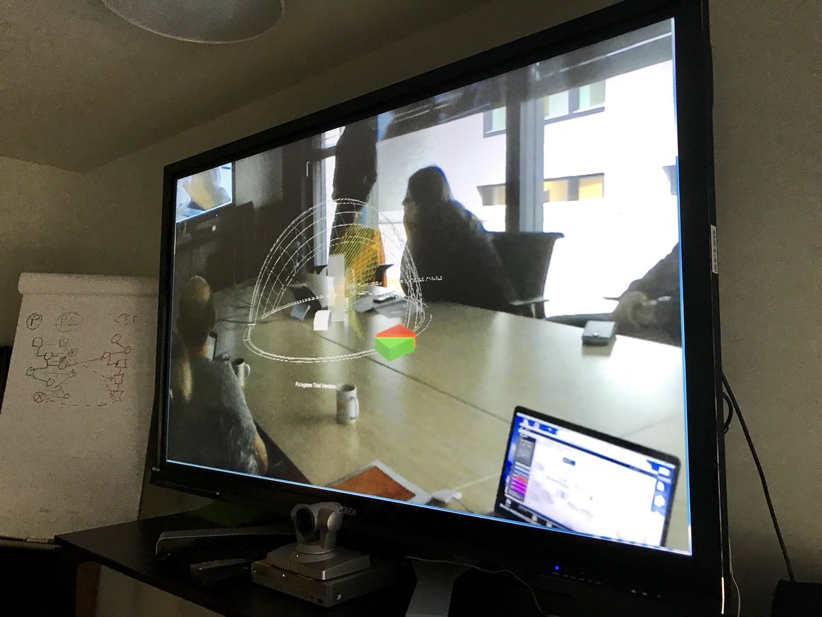 4DCollab's tweet photo. Demonstration workshop this morning within @Luxembourg_RTO teams: @eliedaher84 shows the potential of @HoloLens technology applied to #Rhino3D and #Grasshopper models using @fologm software #BIM #Optimization https://t.co/nOLLpzlVgz
