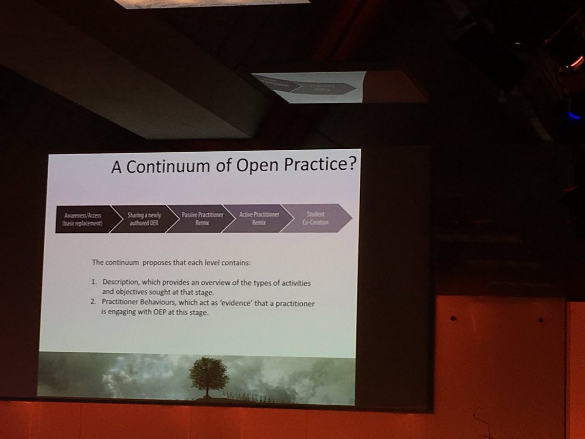 Loved learning about <a href="/OpenKuroko/">Adrian Stagg</a> proposed continuum of open practice. Where is your institution on the continuum? #OEGlobal18