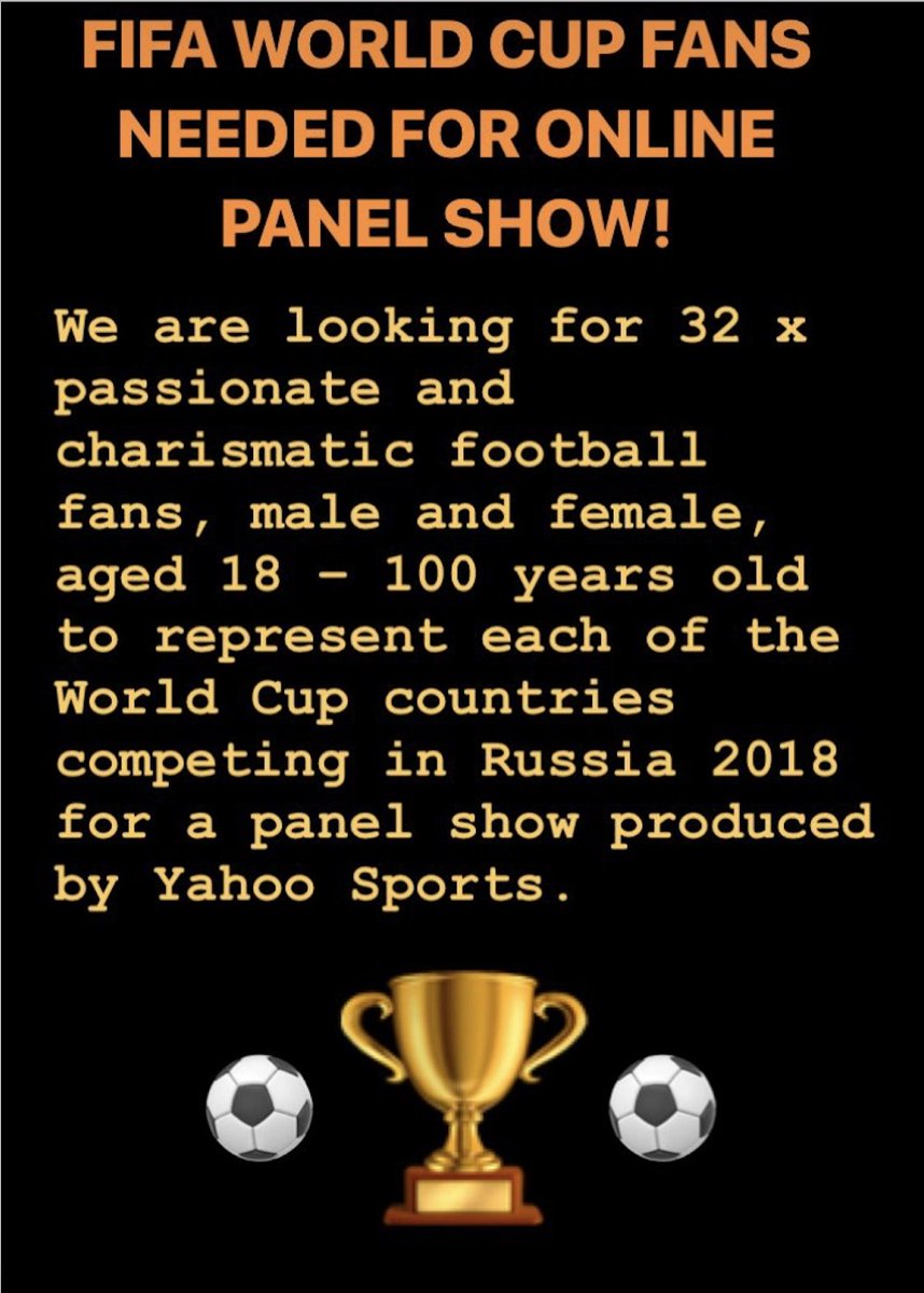 etcasting's tweet photo. 🚨 ET Casting are looking for 32 passionate &amp; charismatic football fans aged 18-100 yrs old to represent countries competing in the Russia 2018 World Cup for a new chat show produced by Yahoo Sport. All info &amp; how to apply at: https://t.co/LrYSokCINu Please spread the word ⚽️🏆 https://t.co/tOgsMWN4bj
