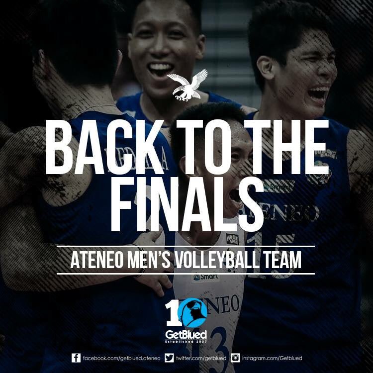 GianGloriosoFP's tweet photo. And the Ateneo Mens Volleyball Team are back in the Finals for the fifth consecutive years as they won a do or die match againts FEUMVT in 4 sets 25-19, 18-25, 25-22, 25-18 💙💙 Congratulations boys!!!

#Roadto4peat
#MagisBlueEagles
#TrustFaithCourage

©GetBLued https://t.co/iu7jRSTdbF