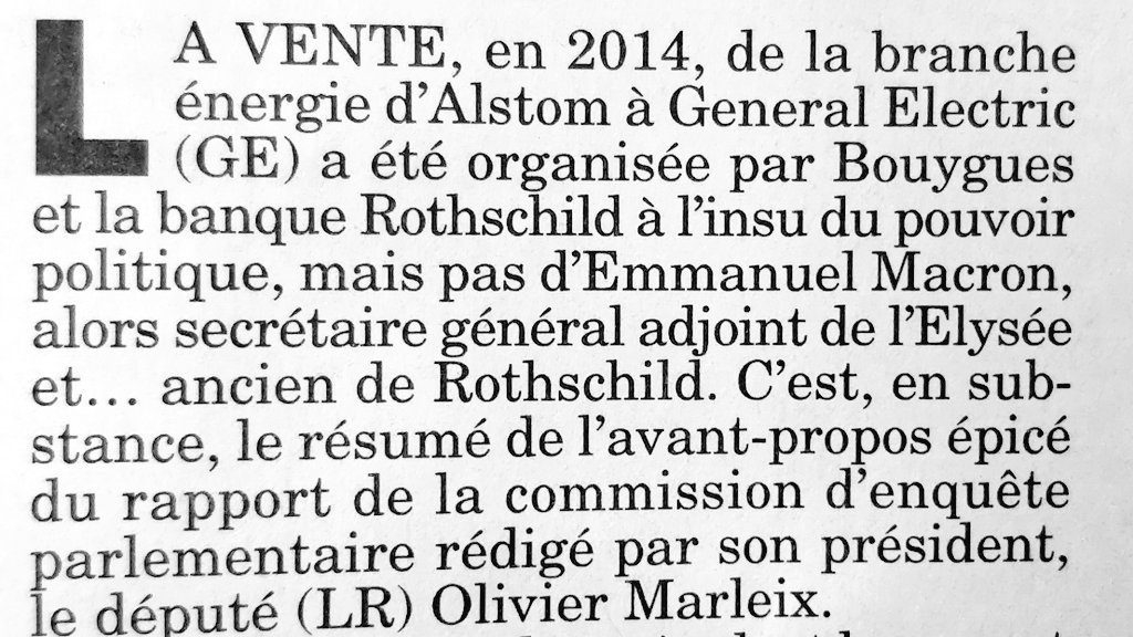 SUIVI - "L'incroyable opération menée en secret par  #Macron" titre le palmipède. La suite du feuilleton de la vente du Français  #Alstom (sa branche énergie) à l'Américain General Electric, c'est à lire dans le Canard Enchaîné de cette semaine...