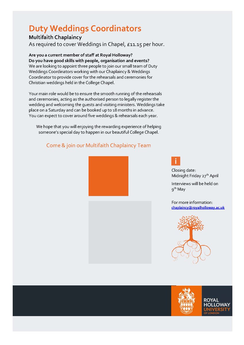 RevCate's tweet image. If any staff at Royal Holloway are interested in becoming one of our duty wedding coordinators the closing date is this Friday - feel free to get in touch with Susan or Cate in the office to find out more...