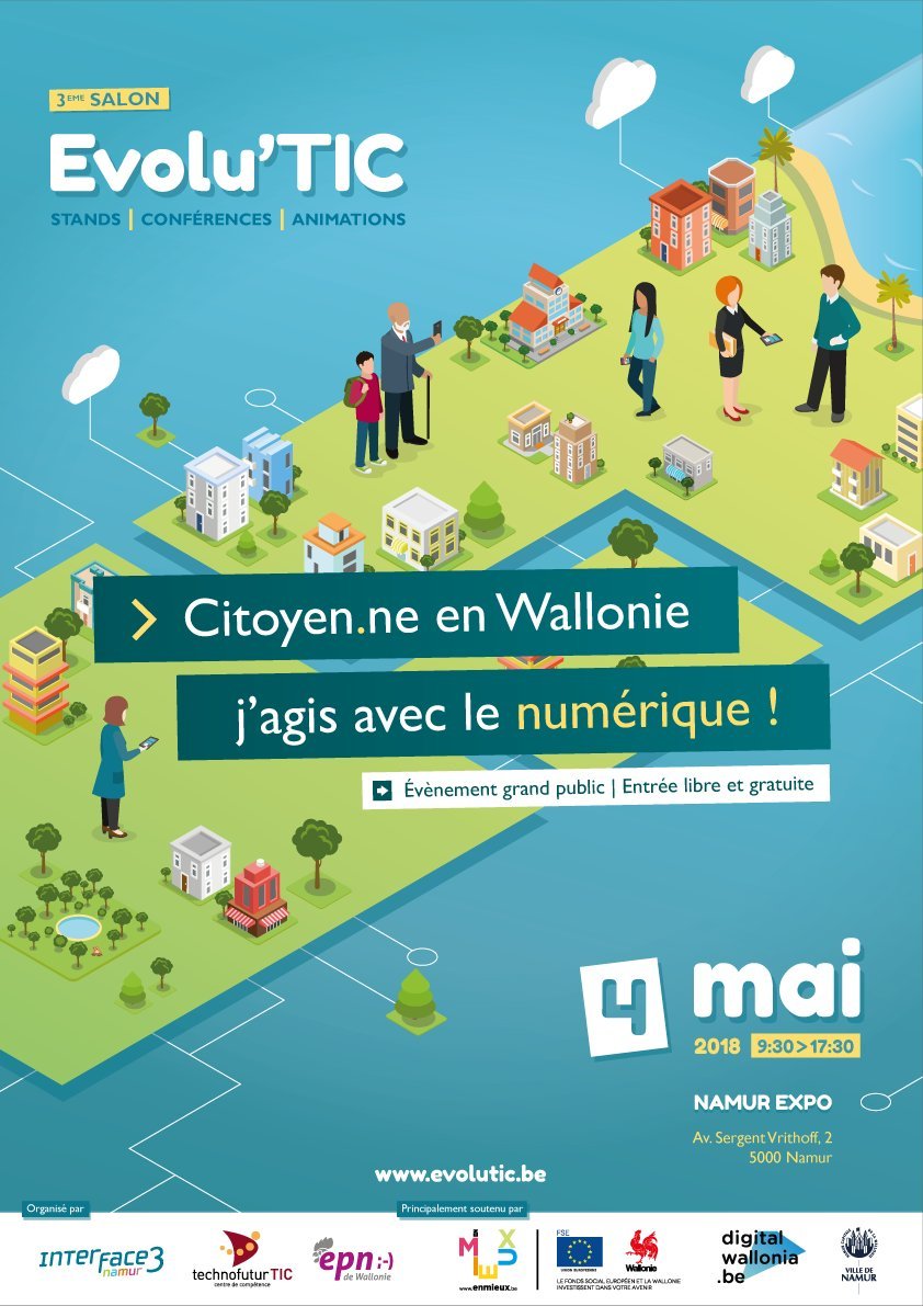 Dans une semaine, c'est la 3e édition du salon #EvoluTIC2018 : conférences, stands, animations, agora, visites guidées... Le tout sur la thématique du #smartcities, le citoyen connecté! C'est le 4 mai à #NamurExpo