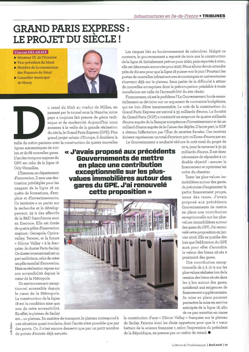 V_Delahaye's tweet photo. Retrouvez ma tribune "Grand Paris Express : Le projet du siècle !" dans la revue @LeTrombinoscope. J'y réaffirme l'attachement des élus de l'Essonne au GPE et à la ligne 18. Aussi je formule une proposition de financement pour anticiper son ouverture #OnNeLâcheRien 💪🚇 https://t.co/yqqvAYS6kF