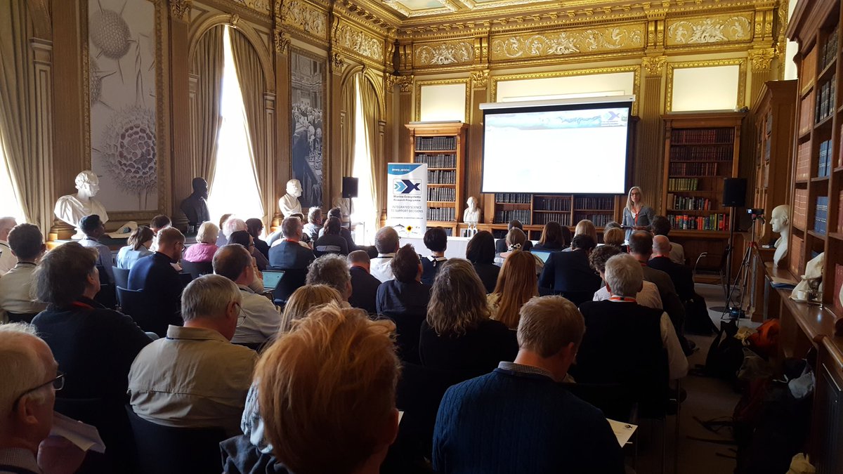 Great turnout for our Stakeholder Symposium at the beautiful @royalsociety. 1st panel session led Michaela Schratzberger of @CefasGovUK talking about linking science with policy #MERPSHS18 #marinemanagement