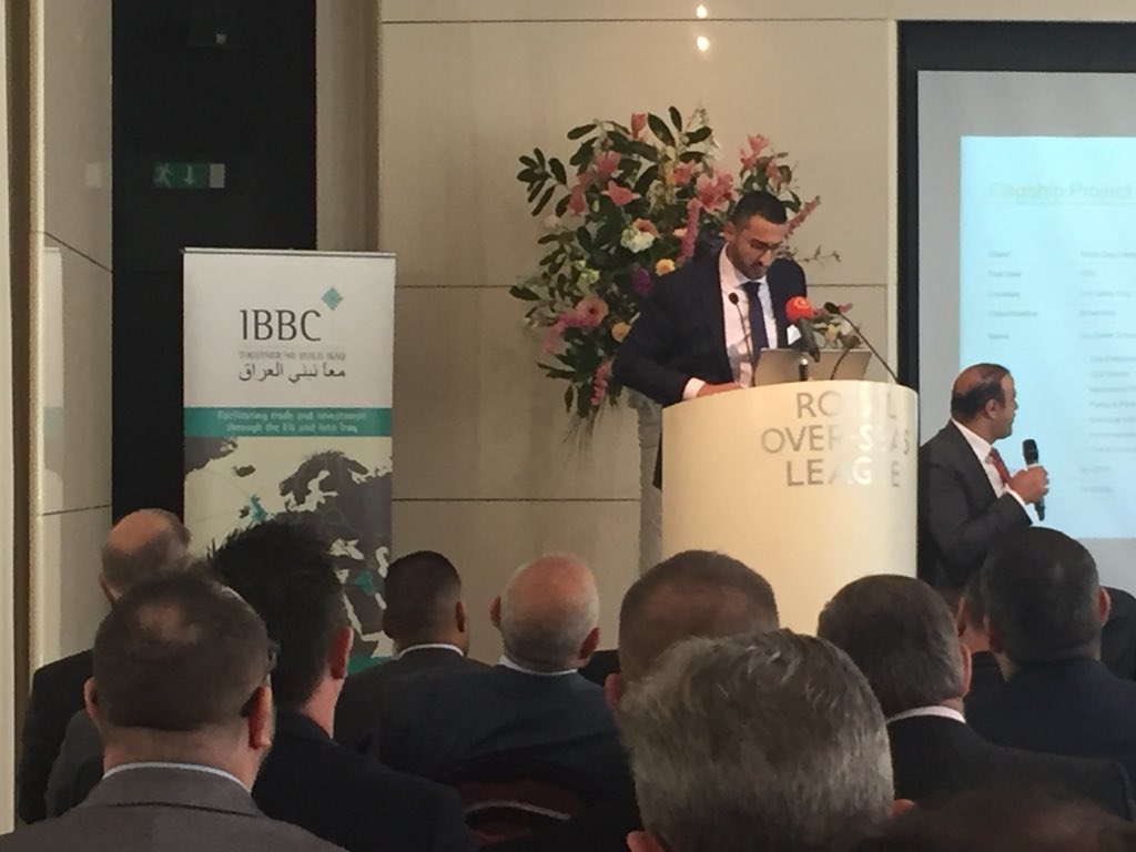 IBBC_London's tweet photo. IBBC Member Amar Raouf of Al Bilal Group presents to the audience the organisation’s many capabilities in #Iraq. Including #Water #Power #Construction #Infrastructure visit https://t.co/mc5LHlK4qp for more info #IBBC2018 https://t.co/0zi3Wj2gkx