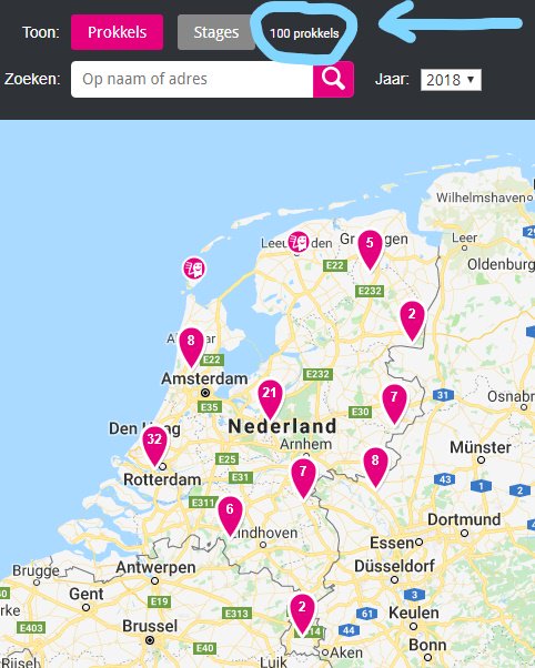 De 100e <a href="/Prokkel/">Stichting Prokkel</a> van 2018 is aangemeld! 

Op naar de 200, 300 en 400.

Staat jouw activiteit nog niet op de kaart, wacht dan niet langer en meld 'm aan op prokkel.nl/prokkel-aanmel…