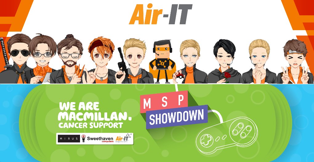 AirITLtd's tweet photo. On Sat 5th May, 9 members of our team will take part in the inaugural ‘MSP Showdown’ Gaming tournament which will see them go head to head with other managed service providers in a bid to raise £650 for Macmillan Cancer Trust. Read more and donate now! https://t.co/6gWuv8dRQt https://t.co/M2aWffDkUT