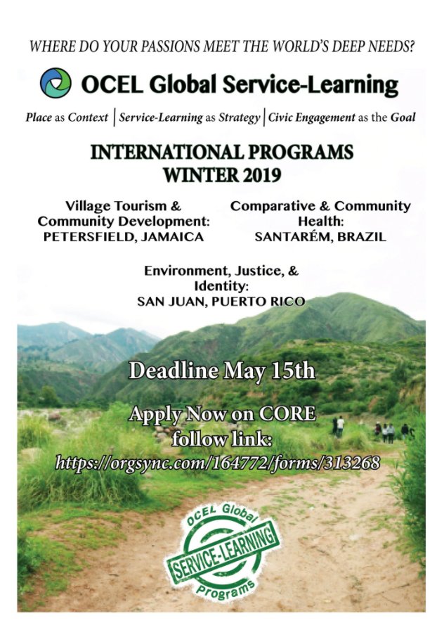 Sign ups for Winter 2019 OCEL Global Service-Learning Programs are OPEN until 5/15! Explore Village Tourism in Jamaica, Community Health in Brazil, and Environmental Justice in Puerto Rico 🌎 Apply on CORE: ow.ly/L8lm30jG3no