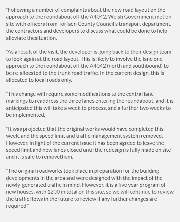 Rechem roundabout update 

Many of you have raised concerns about the on-going works on the A4042 Cwmbran ‘Rechem’ Roundabout. The roundabout is part of the trunk road network which is managed by Welsh Government, not the council. 

Please find an update from <a href="/WelshGovernment/">Welsh Government</a>