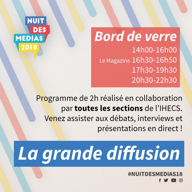 Nuitdesmedias's tweet photo. C'est parti ! On vous dévoile petit à petit le programme de la NDM... Aujourd'hui à l'honneur "La Grande Diffusion": un concept inédit de cette édition 2018 puisqu'il est mis sur pied par toutes les sections de l'IHECS réunies. #nuitdesmedias18 #ceics #ihecs https://t.co/KGt6fQlhH0