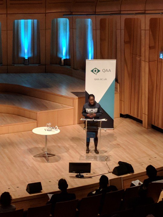 claitysan's tweet photo. #QAA2018 Excellent talk from Shakira Martin. Social capital (or lack of it) a problem if we only ever hear one type of student voice.  Also the first time I have ever heard anyone big up any members of the audience at conference.  Refreshing. https://t.co/mMiF7ffnoR