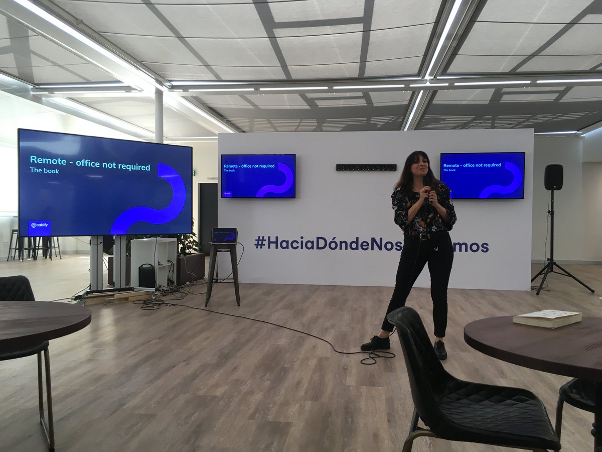 CabifyTech's tweet photo. Today @mgomezmarti is giving a talk about the book "Remote : office not required" book by @jasonfried and @dhh 
Every member in Maria's team is working remotely, so she knows her business! 😎 https://t.co/T0wRe6vswa
