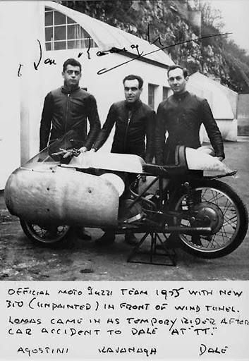 Engaged2death's tweet photo. In the 50s many extraordinary British and Australian racers came to Italy to join some of the world's most innovative motorcycle teams. Here's an amazing photo of Dullio Agostini (left), Ken Cavanagh (center) and Dickie Dale (right) posing in front of the #MotoGuzzi wind tunnel. https://t.co/T4KXda6Qxm