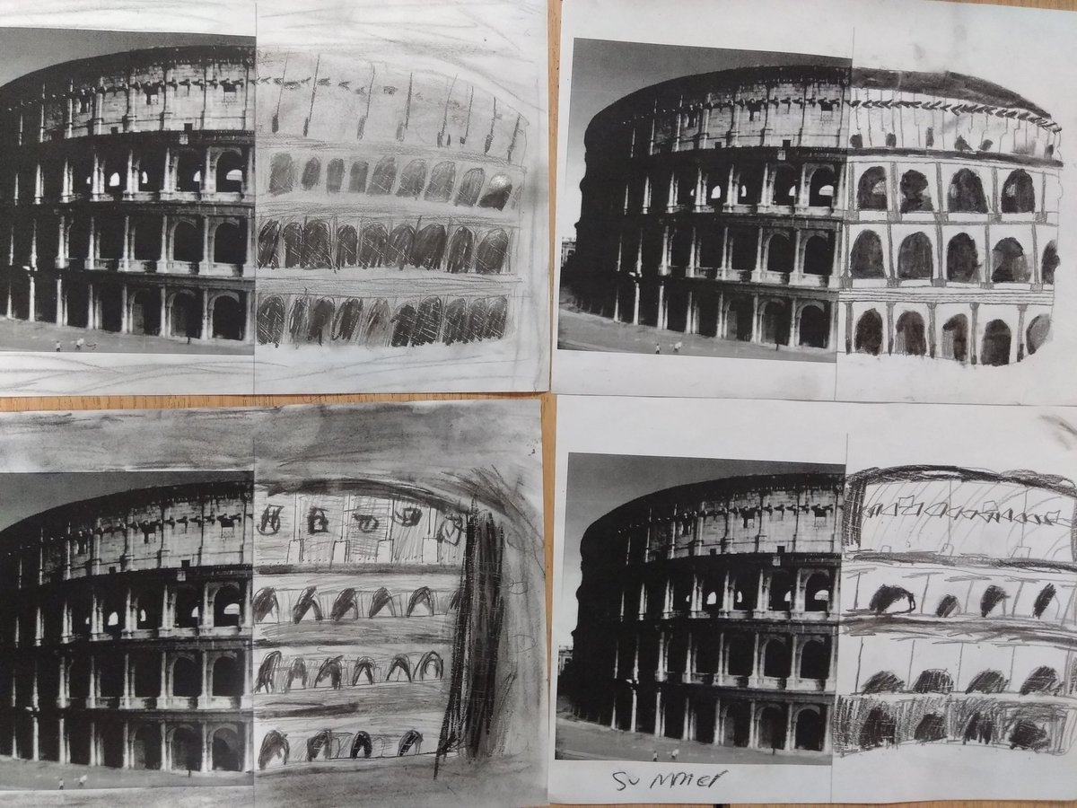 MrSoulBFS's tweet photo. Tonal sketches completing the bust of Emperor Nero and the architecture of the Colosseum in Rome. @HeadBeechfield #BFcurriculum https://t.co/qgjuRRGxVM