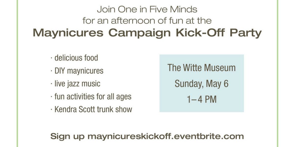 Hey #SanAntonio- 80,000 children in Bexar County need your help! Stop the stigma associated with mental illness and help children get the treatment they need. Find out more about @1in5minds and their #Maynicures event on 5/6 here: #ad #kids bit.ly/2HY2Tx5