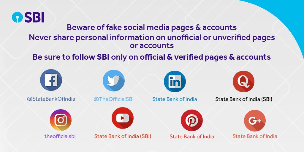 Beware of fake and unauthorised accounts. Only follow Bank’s official social media accounts to ensure you receive accurate and safe information. You can also click on the relevant links from bank.sbi