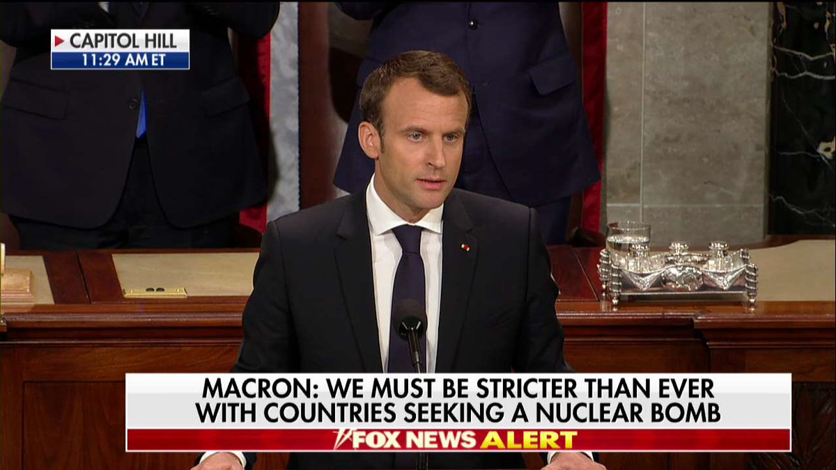 FoxNews's tweet image. .@EmmanuelMacron: "Iran shall never possess any nuclear weapons. Not now. Not in 5 years. Not in 10 years. Never."