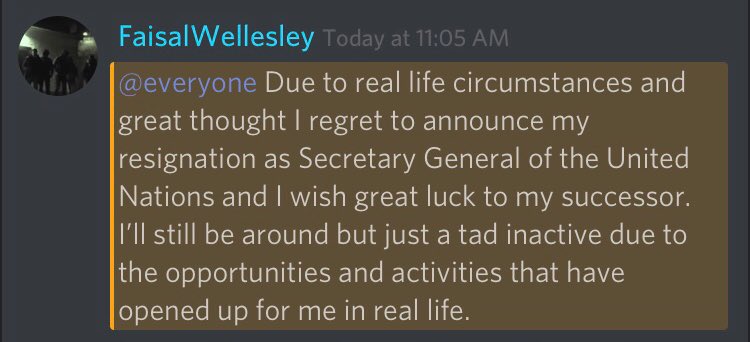 UN | BREAKING: United Nations Secretary-General FaisalWellesley has resigned.