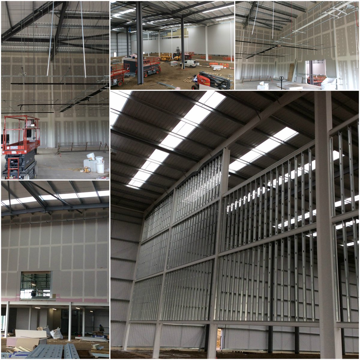 BWInteriorsLtd's tweet photo. Great to see first progression shots from our new project in Bicester.  Works are underway to install new Jumbo stud walls to divide new warehouses, our work package also incorporates a 200mm deflection head detail, along with @britishgypsum products. https://t.co/9LgqA1zUk5