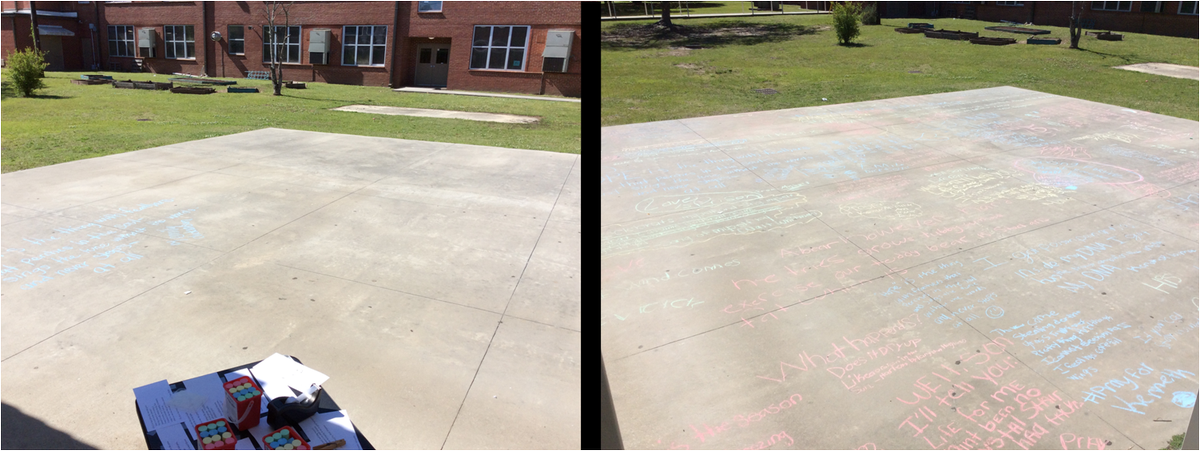Library_ASM's tweet photo. @WestAshley_ASM Sidewalk Chalk Poetry was a success! Check out the before and after of our canvas...Poems from L. Hughes, E. Dickinson, @kwamealexander, K. Lamar, D. Thomas, W. Whitman, plus some original works! Happy #NationalPoetryMonth #TLsMakeMagic @VOCALCCSD @CCSDConnects https://t.co/S5slbHOJDj