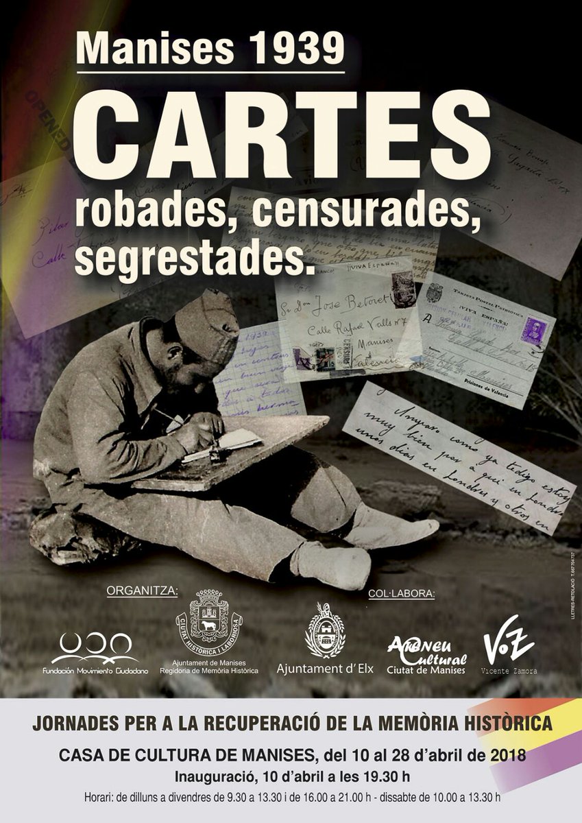MemoriaManises's tweet photo. No sólo perdieron la guerra y la libertad democrática, fueron encarcelados y su correspondencia secuestrada, más tarde juicios injustos y ejecuciones
Expo "Cartas robades, Censurades, Segrestades" hasta el sábado 28 de abril en la Casa de Cultura de #Manises #MemoriaHistórica https://t.co/XFenyU8wKz
