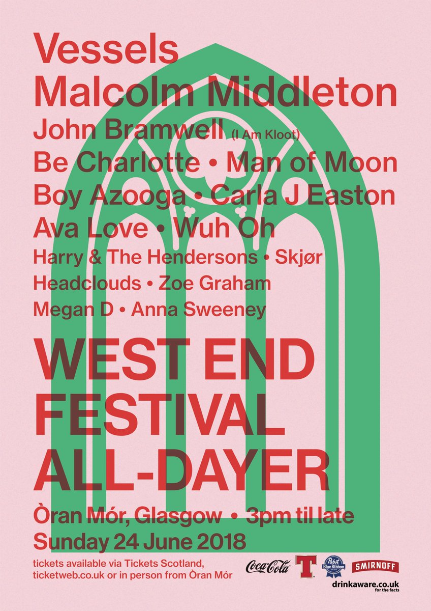OranMorGlasgow's tweet photo. We are excited to bring you the full line-up for our @westendfest All Dayer on Sunday 24 June feat @Vesselsband @M_Middleton_UK @iamJohnBramwell (@IAmKloot) @iambecharlotte @Man__of__Moon @boy_azooga + many more. Tix @TicketWebUK https://t.co/8nrB5OrfMV https://t.co/YzC9t4qoMJ