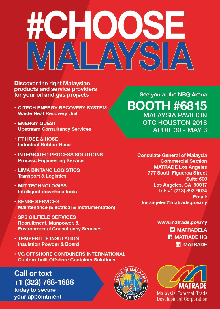 matradenewyork's tweet photo. Come and meet Malaysian companies at booth #6815 @OTCHouston 2018 #OTC2018 #oilandgas #ChooseMalaysia #BeyondNations @matradela @MatradeMiami @matrade https://t.co/vJv2TSf0xK