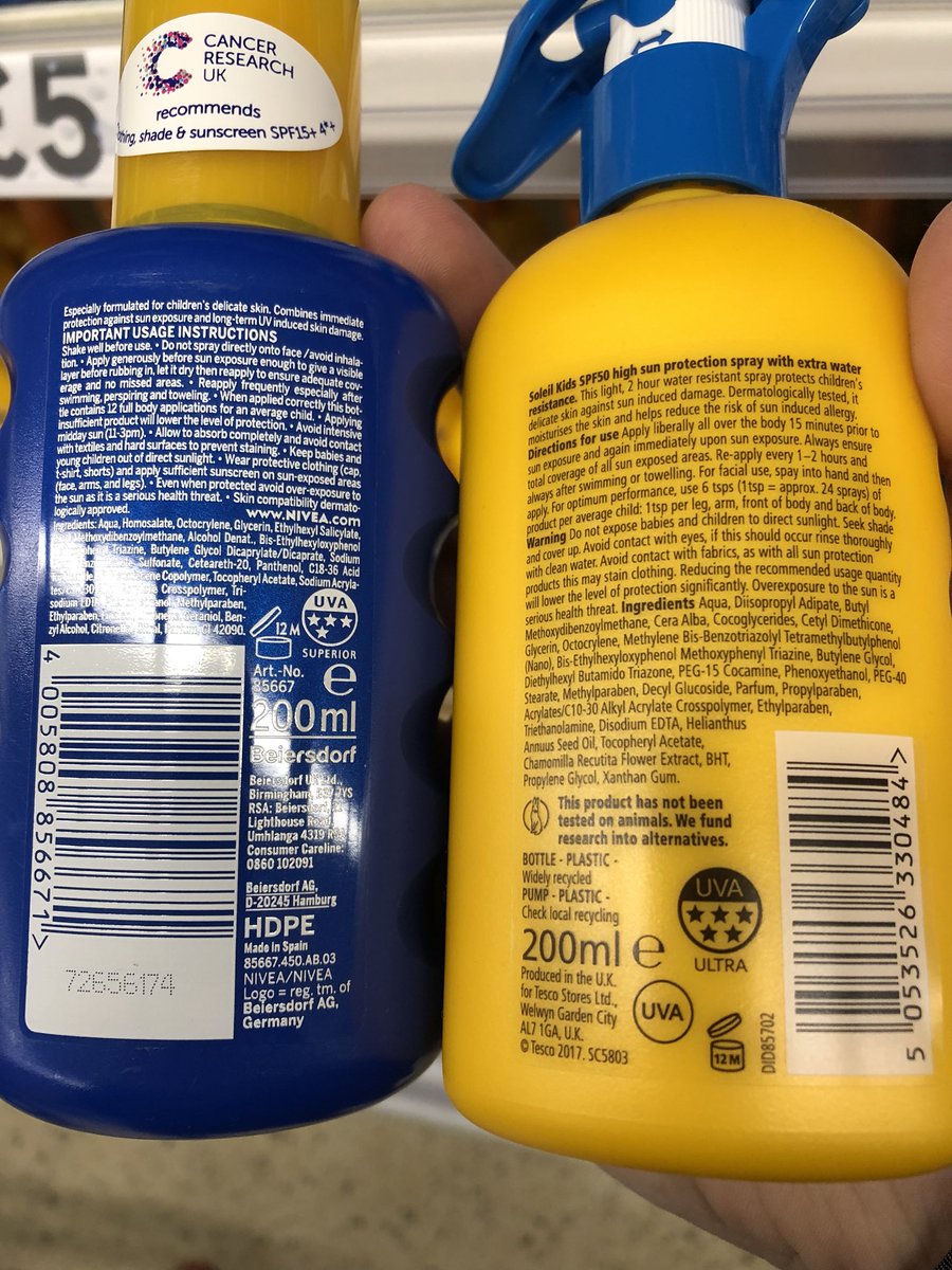 Nivea kids’ factor 50 and the Tesco kids’ factor 50. Nivea is UVA 4* protection. Tesco Soleil - UVA 5*.

Big brands don’t always mean better protection. #factor50