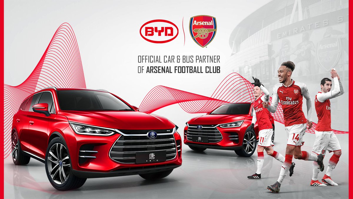 Arsenal's tweet photo. Big welcome to electric vehicle brand @BYDCompany, our new car &amp; bus partner.

More 👉 https://t.co/vcZ0k7FwYB https://t.co/x8qAzyhMxw