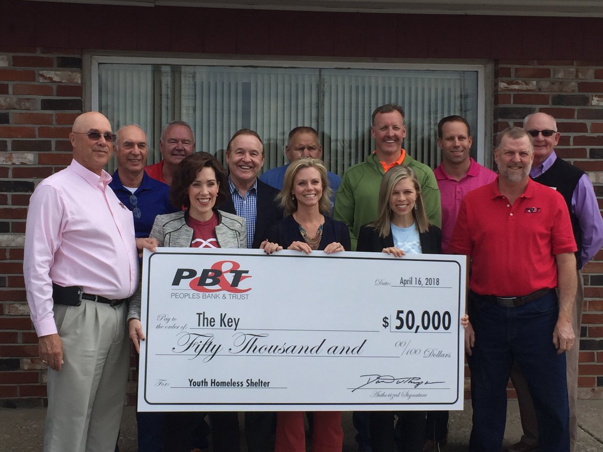 PeopleBankTrust's tweet photo. PB&amp;T was honored to give @TheKeyYouthInc $50,000 for the completion of Phases 1 &amp; 2 of the new youth homeless shelter "This donation is just the start of what will be a partnership w/The Key in helping to make the future for these children brighter." #giveback #banklocally https://t.co/0qV5HciypK