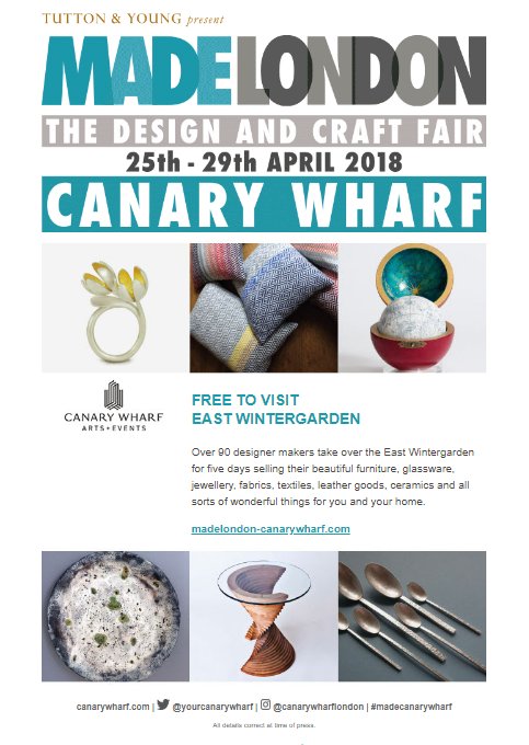 The #MadeLondon fair is open from today at <a href="/EWG_CanaryWharf/">East Wintergarden</a>, selling #furniture, #glassware, #ceramics, #jewellery and more 
#designfair #artfair #madelondon #canarywharf