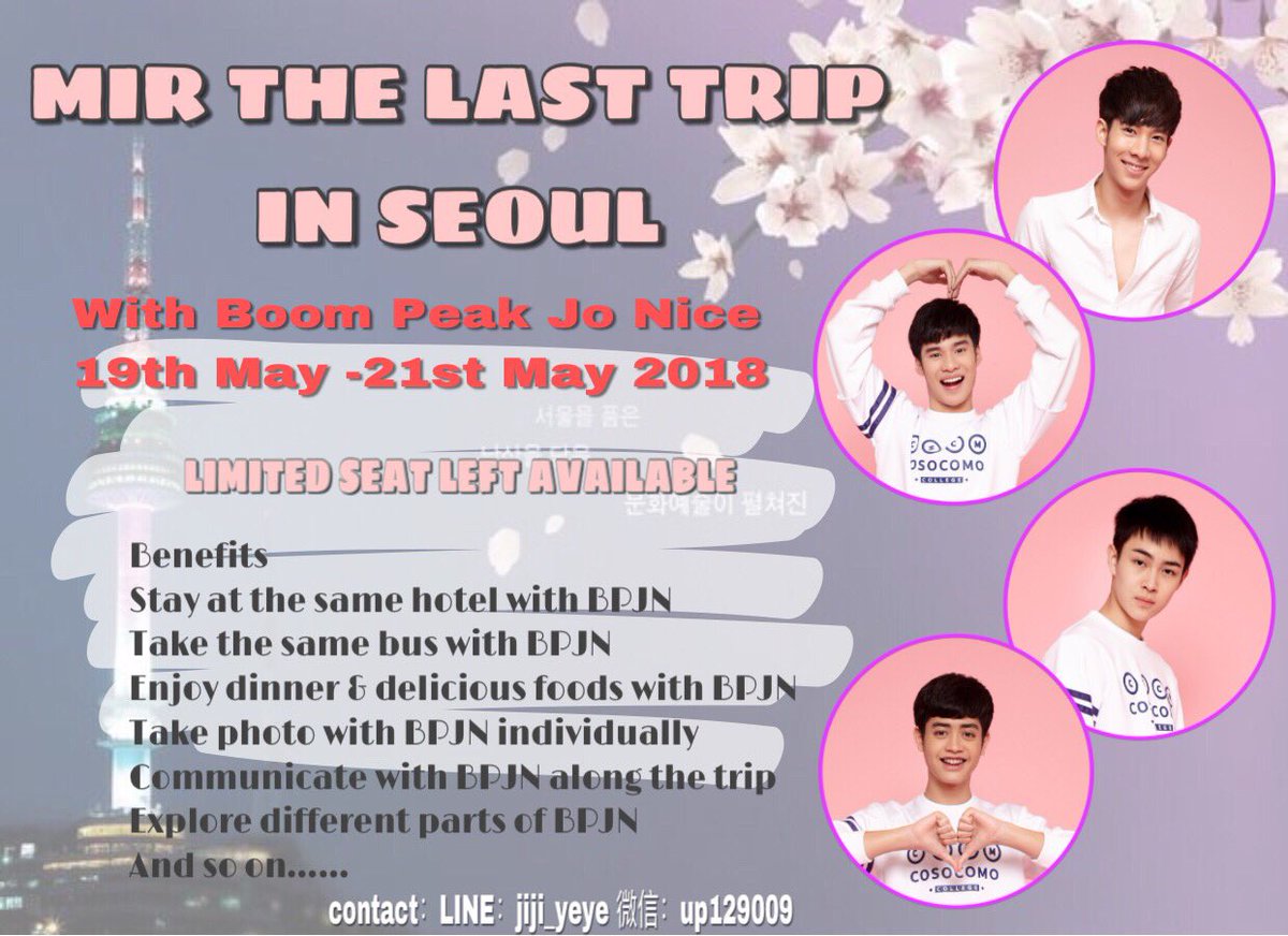 makeitrightCNFC's tweet photo. #MIRtheLastTripinSeoul @BoomKrittapak @peakpeemapol @kavinpat_t @SMAKIDZ_ 
4 seats left available. contact LINE：jiji_yeye  for reservation. https://t.co/pDQh1WrBxb