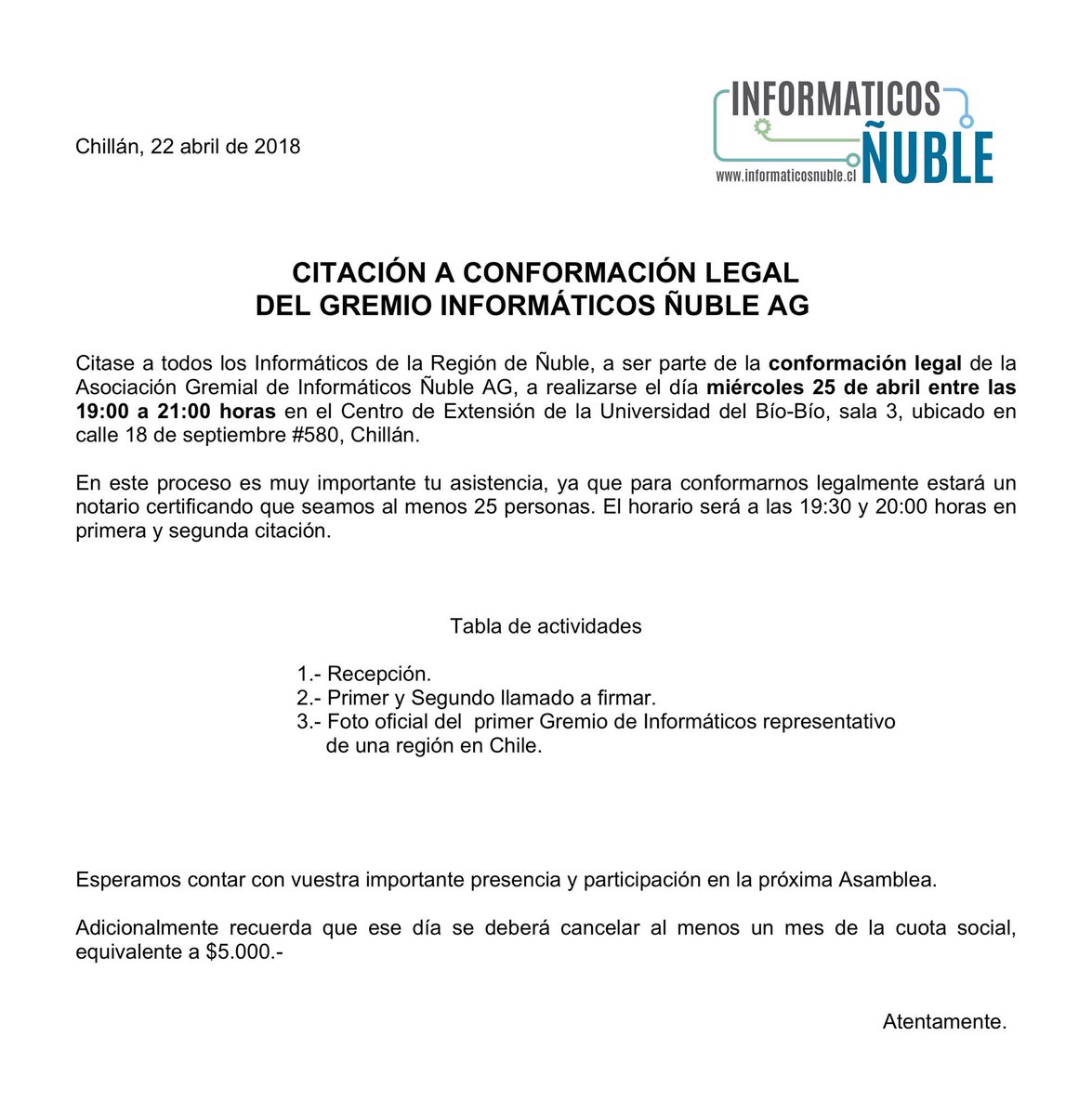 InformaticNuble's tweet photo. Hoy es el día para formalizar la asociación de Informáticos Ñuble AG ante Notario. No te pierdas la oportunidad de ser parte del primer AG de informáticos representativo de una región en Chile #Ñuble @ladiscusioncl @RadioNuble @CronicaChillan @aluksicc @Innovacioncl @martinarrau https://t.co/nSPsSfQJxR