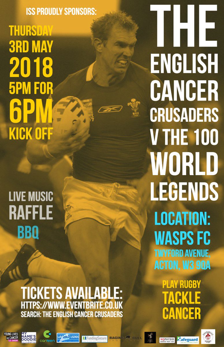 8 days to go 
100 World Legends V English Cancer Crusaders 
  Thursday 3rd May  at  Wasps FC Twyford Avenue Acton 
Kick Off 18:00     Tickets £10.00
over 22 Ex internationally capped players will be in the 100 World legends team supporting 3 major charities  come and support