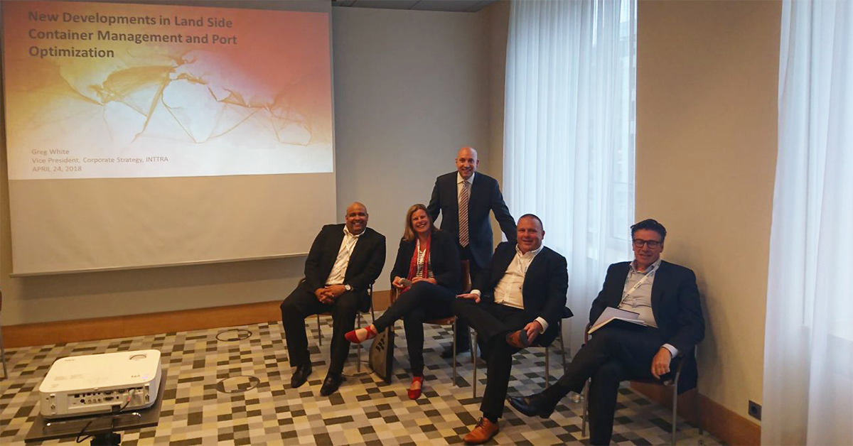 Avantida's tweet photo. We were in #Hamburg at @INTTRA’s yearly #TechSummit . Greg White moderated an inspiring session on “New #Developments in Land Side #Container #Management &amp; #Port #Optimization”. A big thanks to Don Miller, Joyce Bliek and Marc Beerlandt for being there with us! #InttraTechSummit https://t.co/tsU18zyepH