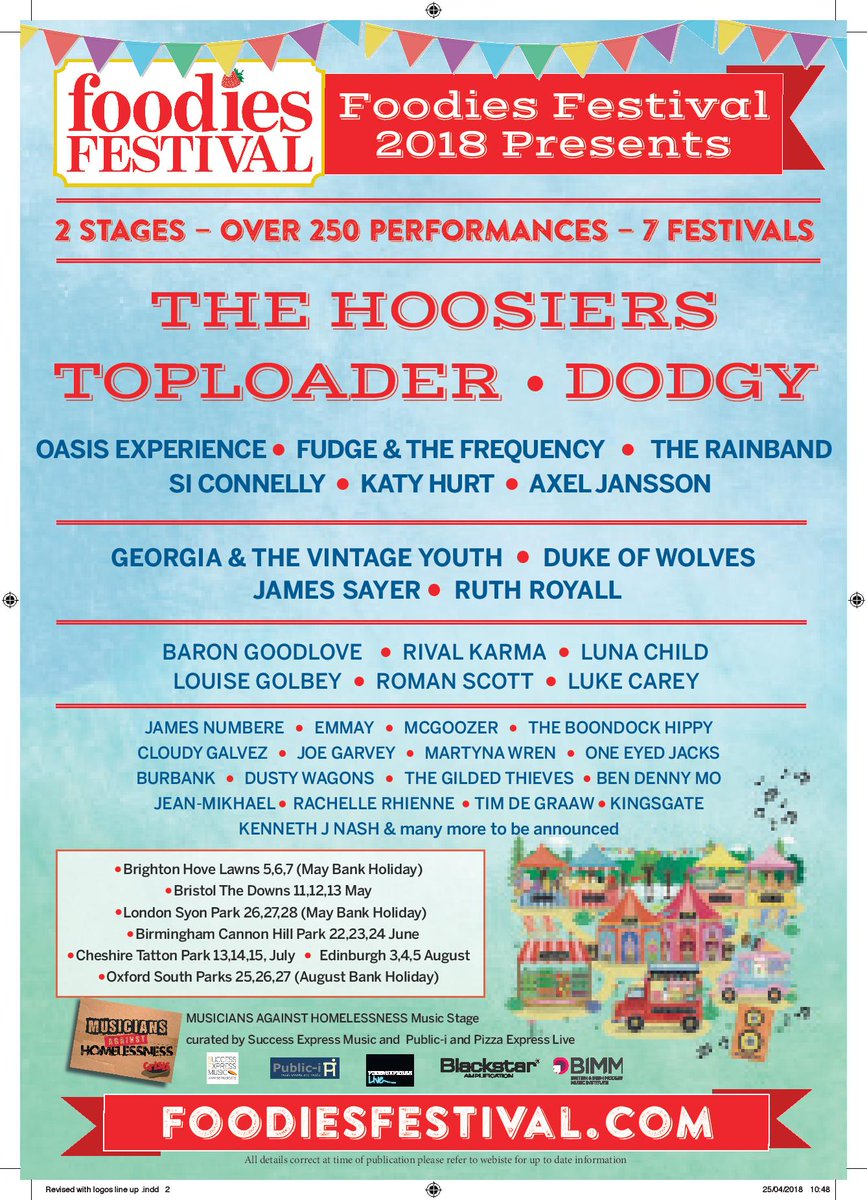 Musicians Against Homelessness (@mah_gigs) on Twitter photo 7 festivals across 21 dates, over 250 brilliant bands & artists performing on the #MAH2018 stage <a href="/foodiesfestival/">Foodies Festival</a>. Headlining <a href="/DodgyUK/">DODGY</a> <a href="/thehoosiersuk/">The Hoosiers</a> <a href="/toploaderuk/">Toploader</a> <a href="/oasisEXP/">The Oasis Experience</a>. Raising funds for <a href="/crisis_uk/">Crisis</a> foodiesfestival.com 7 festivals across 21 dates, over 250 brilliant bands & artists performing on the #MAH2018 stage <a href="/foodiesfestival/">Foodies Festival</a>. Headlining <a href="/DodgyUK/">DODGY</a> <a href="/thehoosiersuk/">The Hoosiers</a> <a href="/toploaderuk/">Toploader</a> <a href="/oasisEXP/">The Oasis Experience</a>. Raising funds for <a href="/crisis_uk/">Crisis</a> foodiesfestival.com