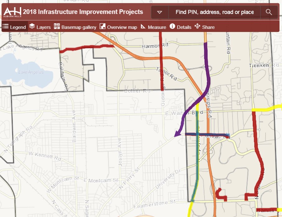 AuburnHillsMI's tweet photo. Construction Reminder! N. Squirrel Rd is down to one lane and the Walton Blvd insides lanes are closed off for concrete maintenance. See our interactive map which shows all the cities construction projections that will be going on this summer! https://t.co/fN3h8hQCJ9 https://t.co/p4Nzm5lNY4