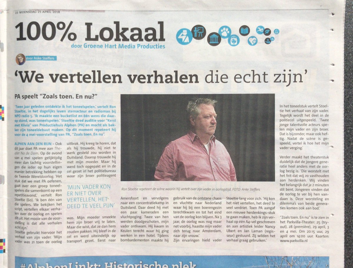 Vandaag in het Alphens Nieuwsblad: een superleuk interview met Ron Stoeltie over zijn rol in ‘Zoals toen. En nu?’ Kaarten: parkvilla.nl/theater