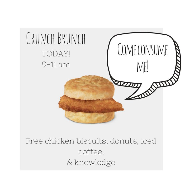PSA! Free Chick-fil-A chicken biscuits, donut holes, and iced coffee! Join us in the Commons from 9-11 for brunch to kick off finals week.