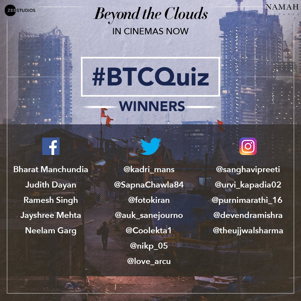 ZeeStudios_'s tweet photo. Congratulations to the winners of the #BTCQuiz! 
Kindly inbox us your details.

#MajidMajidi @BTCTheFilm #IshaanKhatter @MalavikaM_ @namahpictures @arrahman https://t.co/WLVWvZse5N