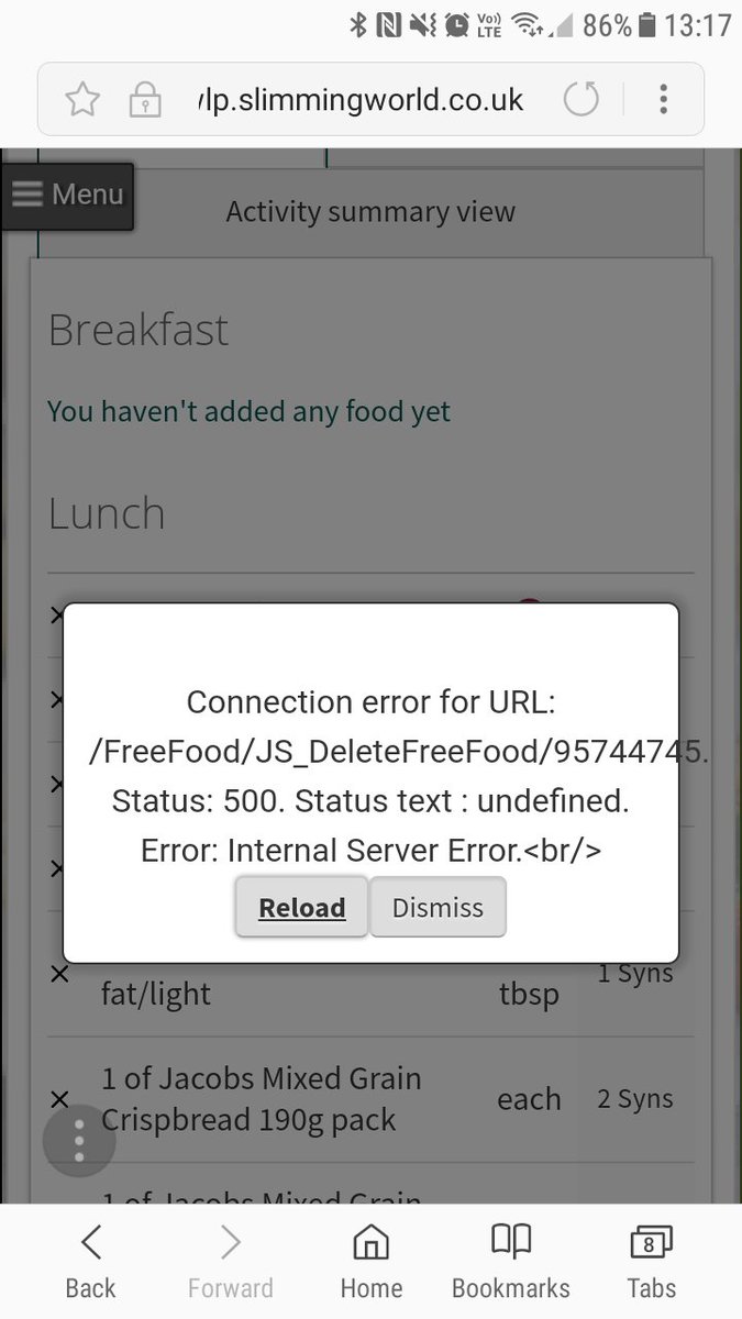 Jenbobity's tweet photo. @SlimmingWorld I've had the following error for the last 2 days. Is this being fixed soon? It won't let me delete entries. Thanks https://t.co/4hFojHql23