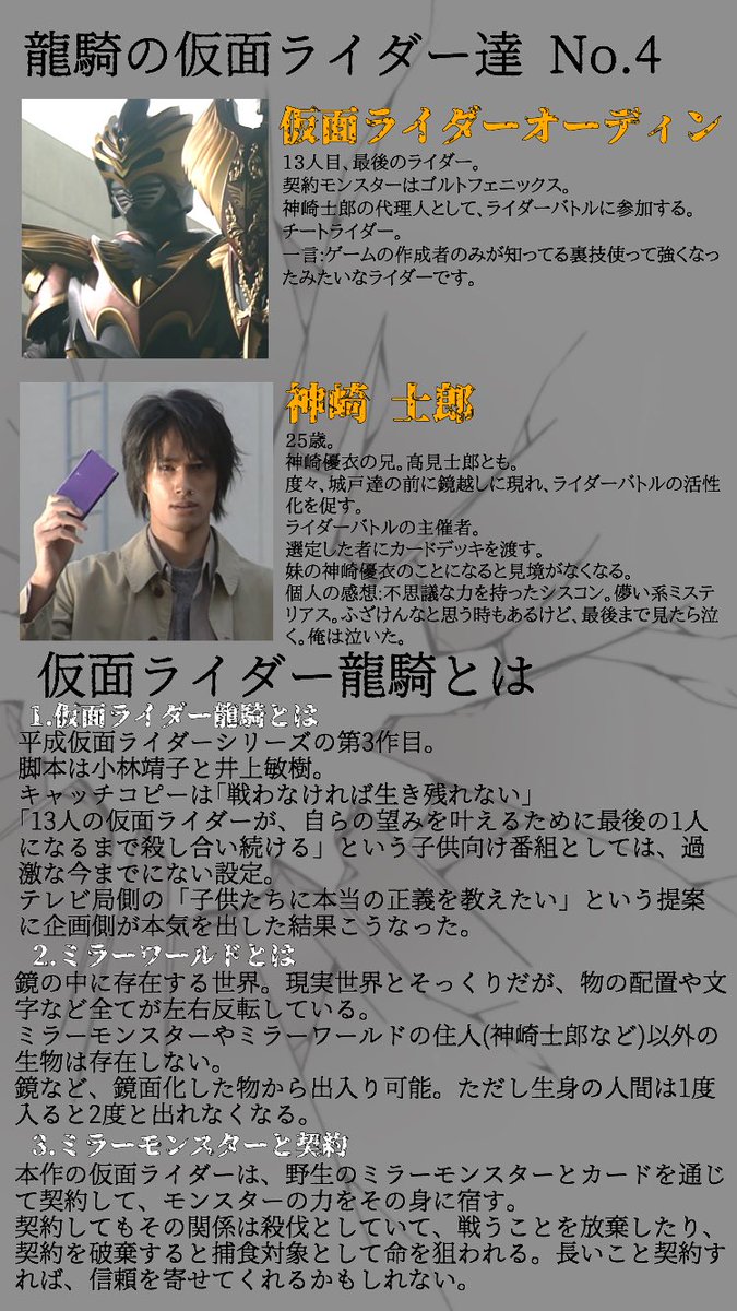 云宮勇騎 V Tvittere 仮面ライダー龍騎をおすすめするために ライダー紹介と簡単な概要書いたシート作りました コイツを参考にしてくださって良いので推しを作り あわよくば龍騎を見ましょう 一言は個人の感想です ネタバレしてたらごめん 自信ない 仮面