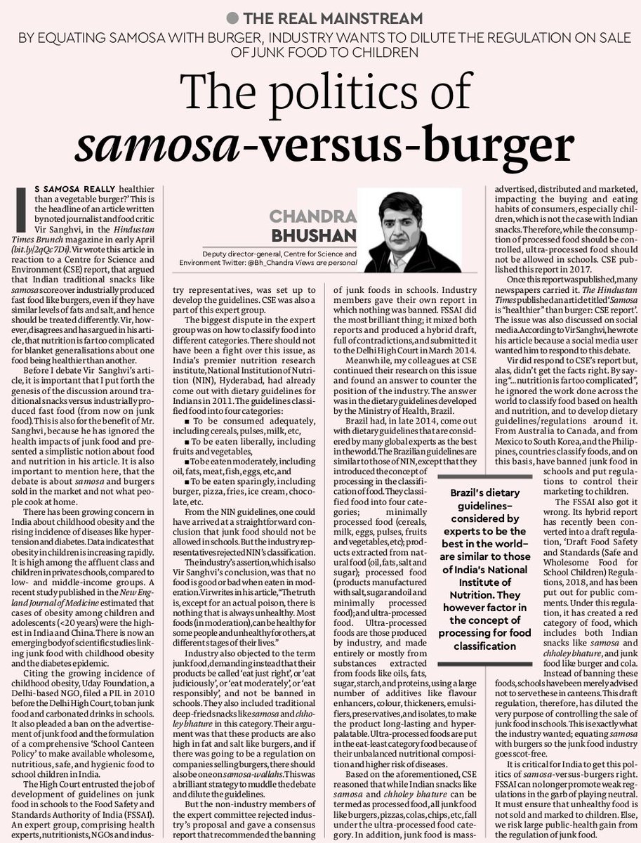 Is Samosa healthier than a Burger? The answer to this question will determine how we regulate the junk food industry.  India must get this answer right; else we risk large public-health gain from the regulation of junk food. <a href="/FinancialXpress/">Financial Express</a>